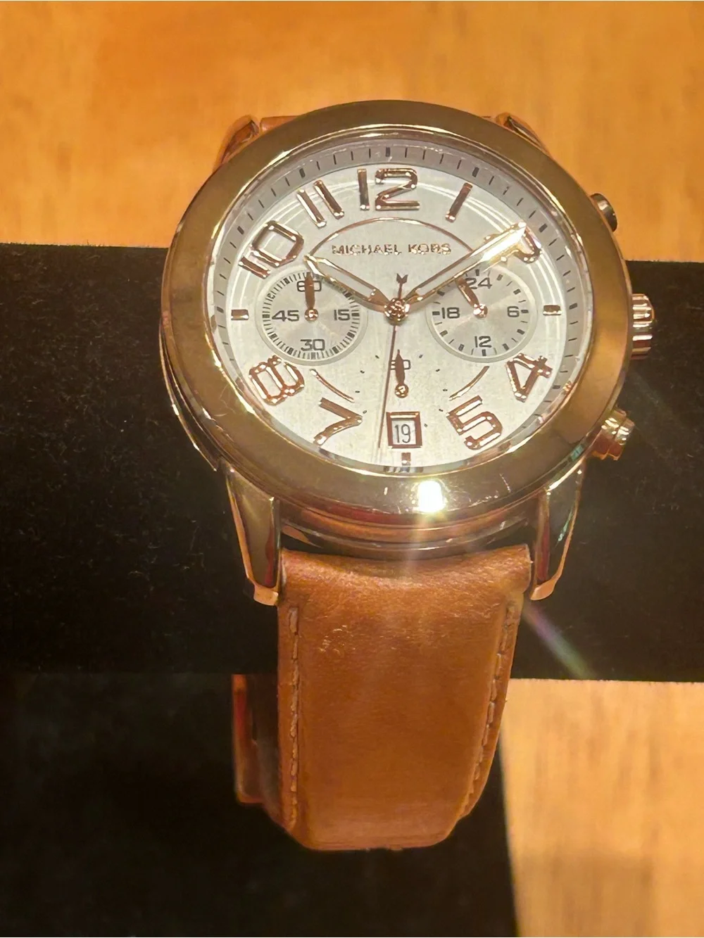 Michael Kors Rose Gold Tone Chronograph Watch with Brown Leather Strap